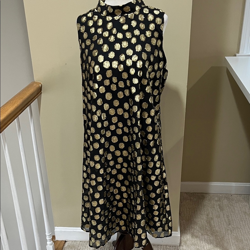 Elle Black Midi Dress with Gold Metallic Polka Dots